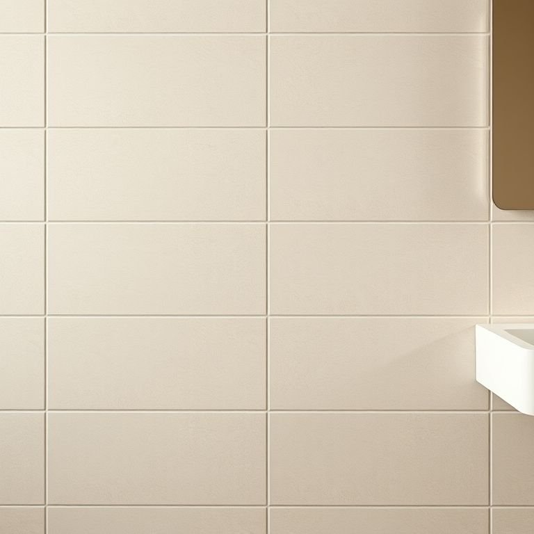 Detalhe de parede revestida com cerâmica bege, exibindo sua textura sutil e versatilidade.