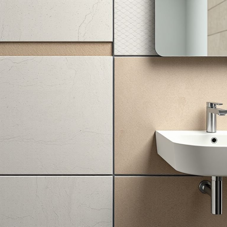 Detalhe de revestimentos de banheiro: cerâmica, porcelanato e pedra natural.