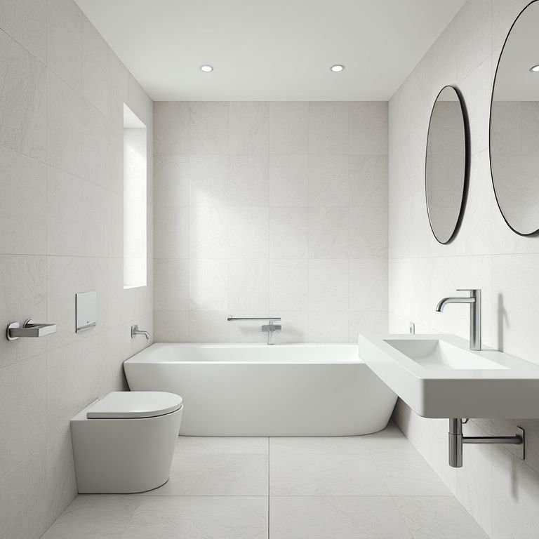 Detalhe de revestimentos texturizados em um banheiro off white.