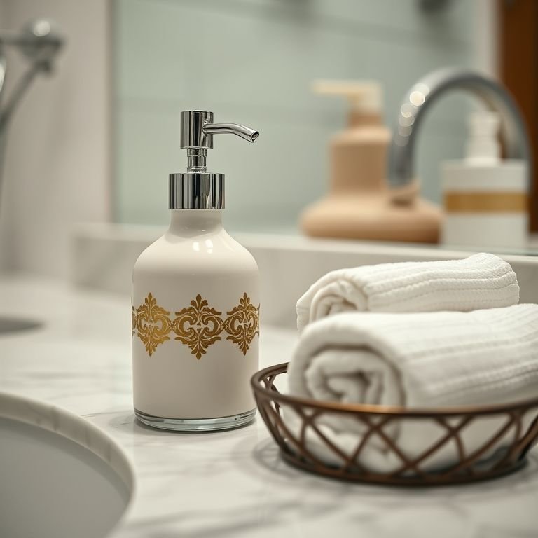 Detalhe de um dispenser de sabonete decorativo e uma bandeja com toalhas de mão em um banheiro social.