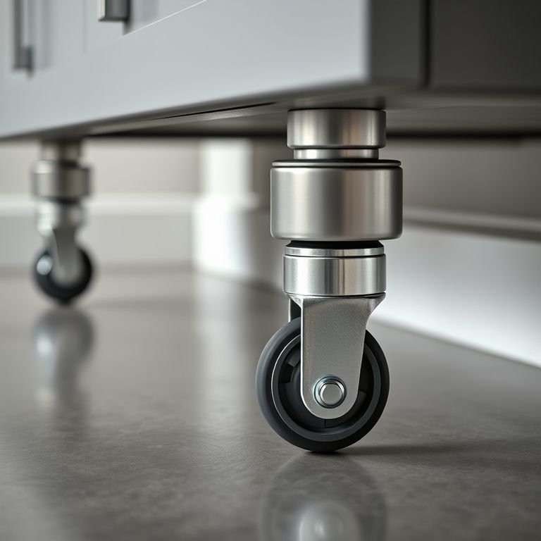 Detalhe dos rodízios de um gabinete de banheiro de 80cm, mostrando diferentes tipos.