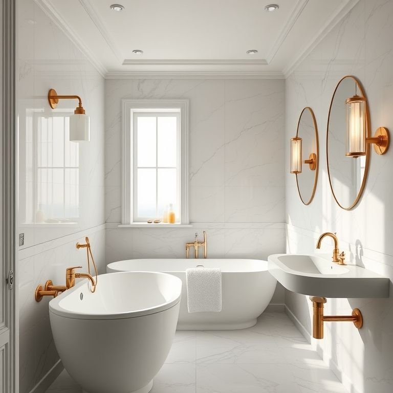 Detalhes em dourado ou cobre em um banheiro sofisticado.