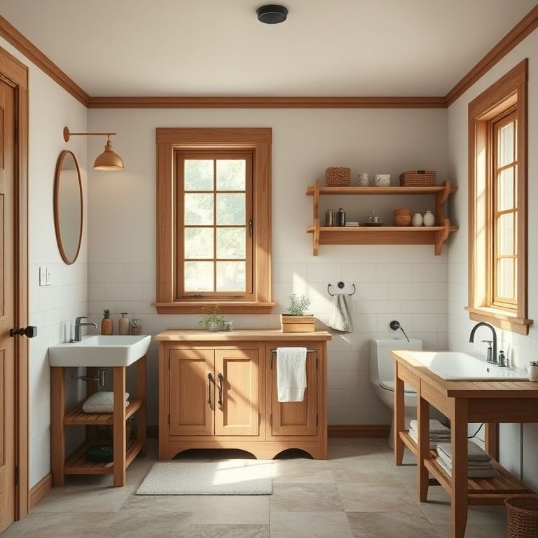 Detalhes em madeira em um banheiro inglês com estilo Farm Rio.