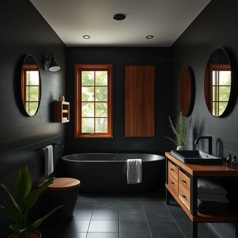 Detalhes em madeira em um banheiro preto.