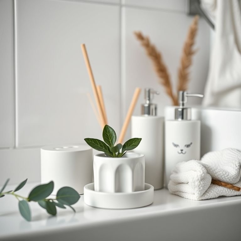 Detalhes impecáveis para um banheiro branco e cinza, com acessórios bem organizados.