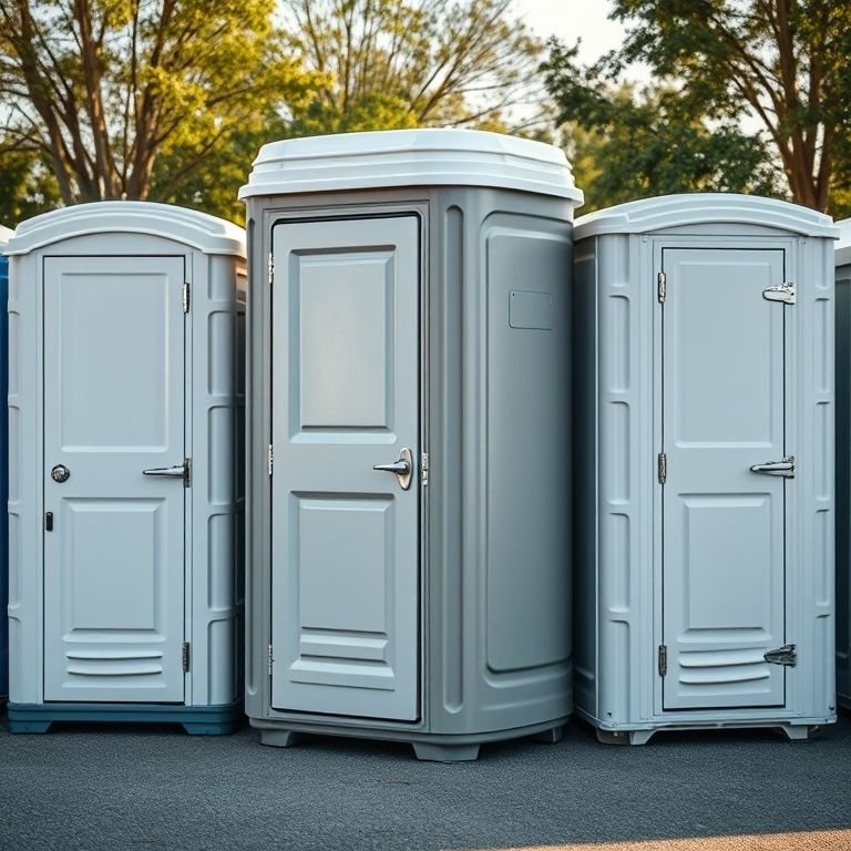 Diferentes modelos e tamanhos de banheiros químicos usados.