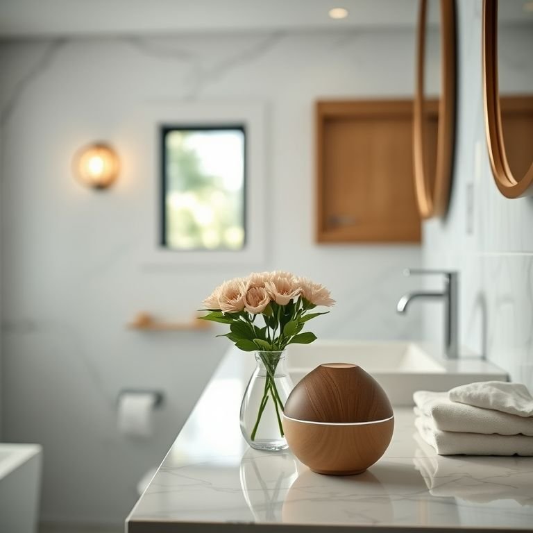 Difusor aromático e um pequeno vaso de flores em um banheiro social elegante.