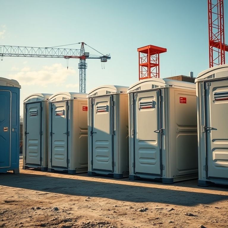 Diversos modelos de banheiros químicos portáteis em um canteiro de obras.