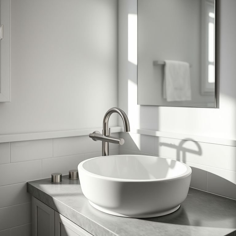 Elegância nos detalhes: louças e metais em um banheiro cinza e branco.