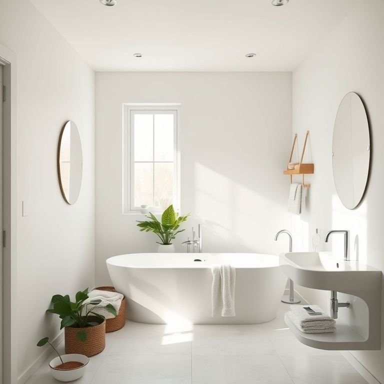 Elegante banheiro off white com iluminação natural e design minimalista.