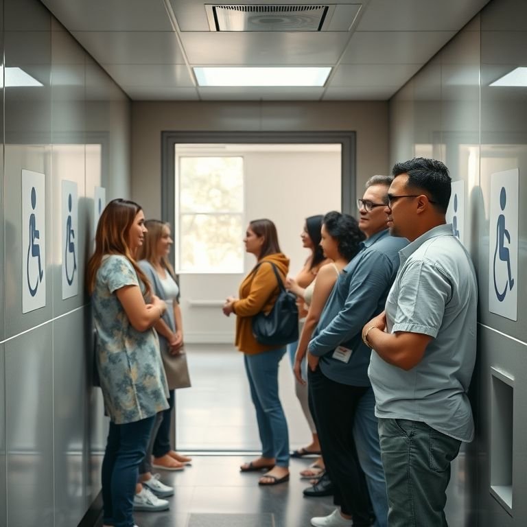 Entrada de um banheiro público moderno com sinalização de acessibilidade.