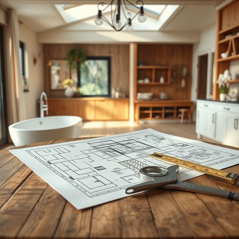 Esboço de planejamento de banheiro em área gourmet sobre mesa de madeira.