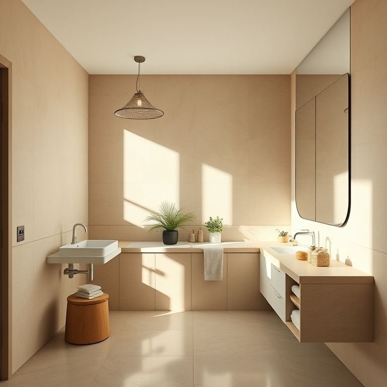 Espelho ampliando espaço em banheiro bege Bahia.