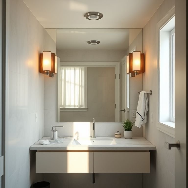 Espelho amplo e iluminação estratégica em banheiro pequeno.