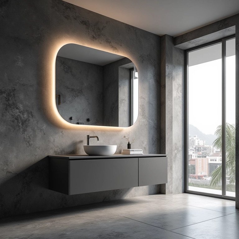 Espelho amplo em um banheiro cinza e preto, refletindo luz e ampliando o espaço.