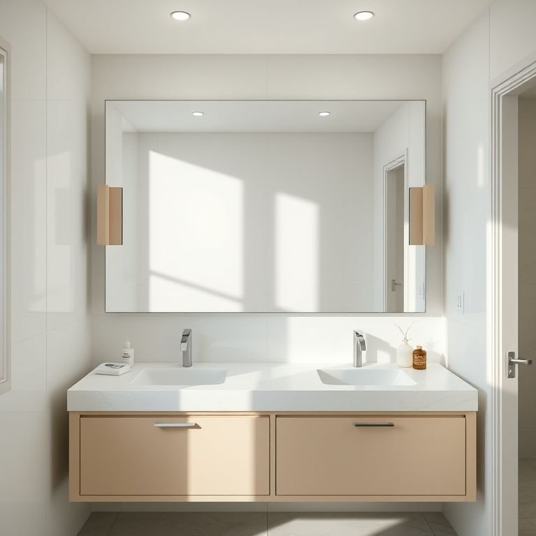 Espelho amplo em um banheiro que amplia o espaço e a luminosidade.