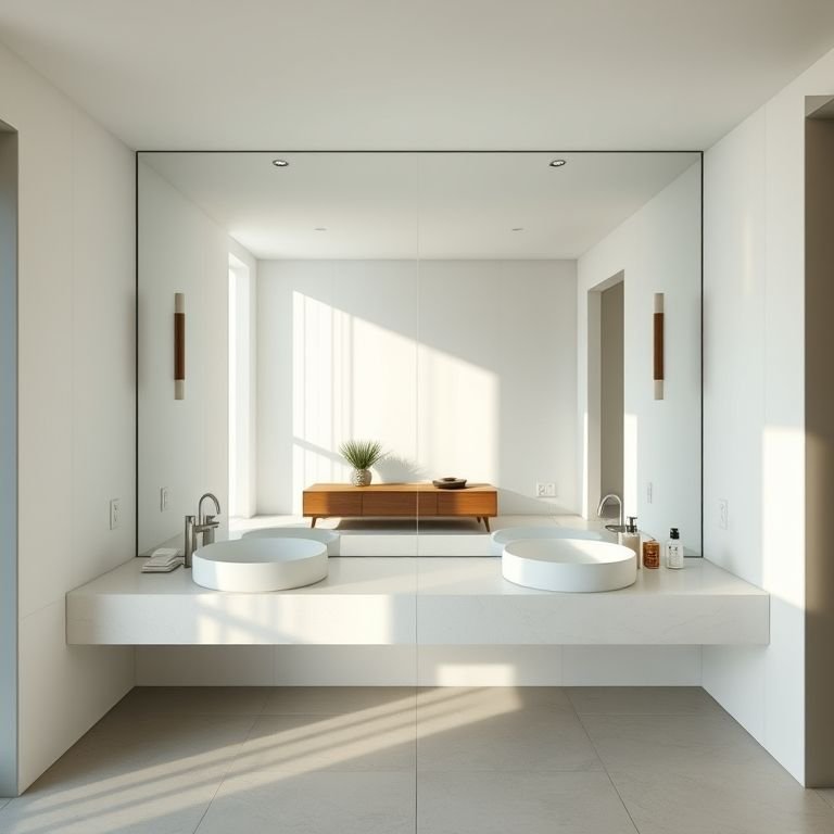 Espelho amplo refletindo a amplitude de um banheiro americano.