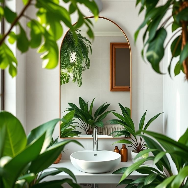 Espelho com moldura de plantas em banheiro moderno.