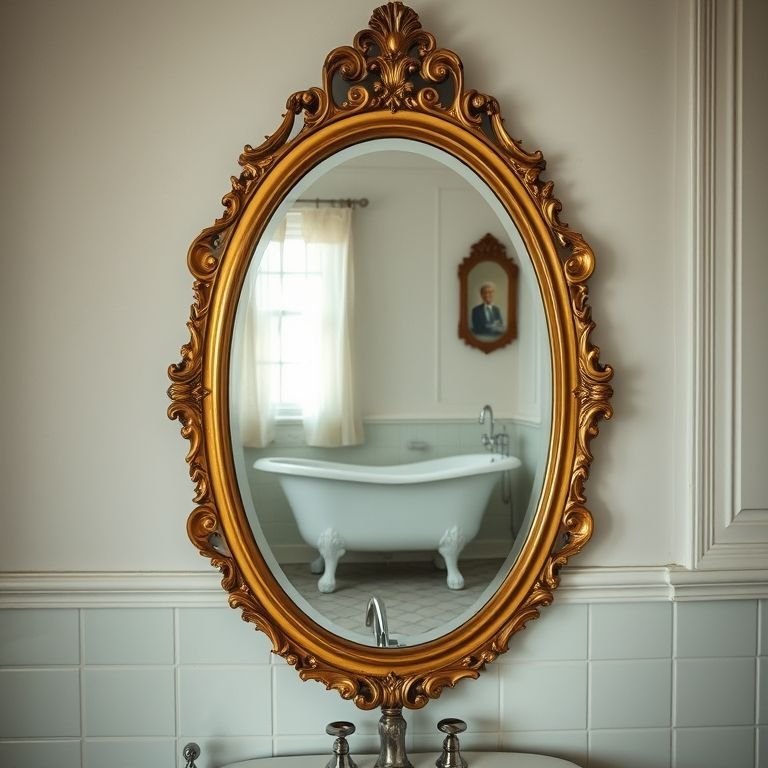 Espelho com moldura elaborada no banheiro vintage.