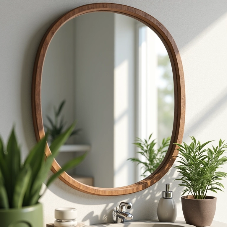 Espelho de banheiro com moldura de madeira rústica.