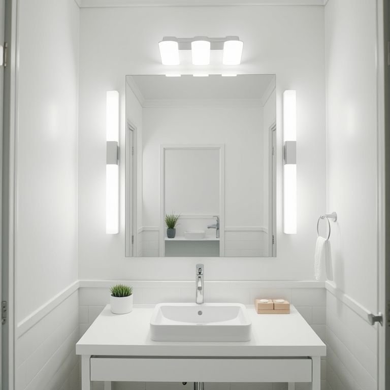 Espelho de penteadeira bem iluminado em um banheiro off white.