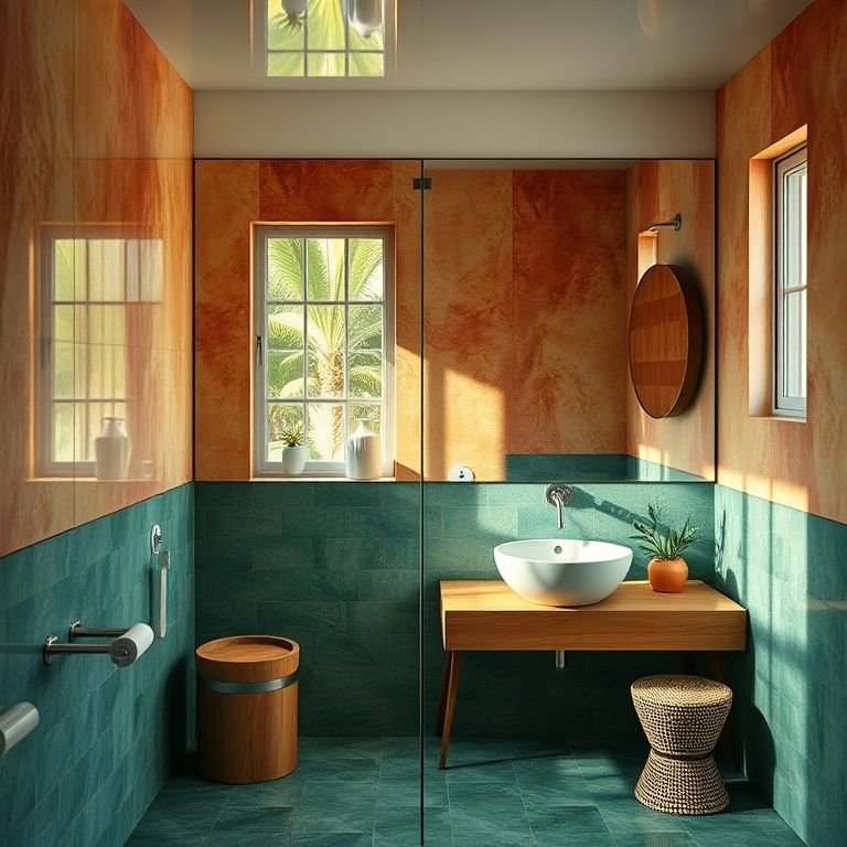 Espelho de vidro amplo refletindo banheiro brasileiro colorido e vibrante.