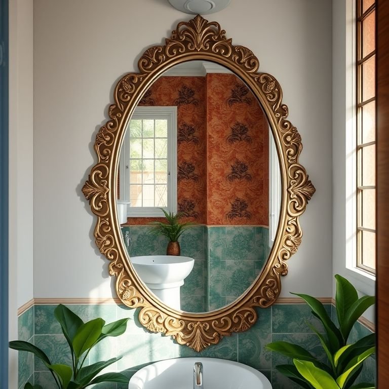 Espelho decorativo refletindo um banheiro colorido, ampliando o espaço e adicionando charme.