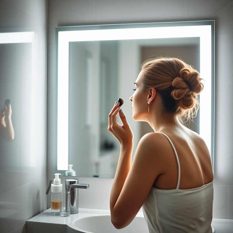 Espelho grande com iluminação LED embutida, mulher aplicando maquiagem.