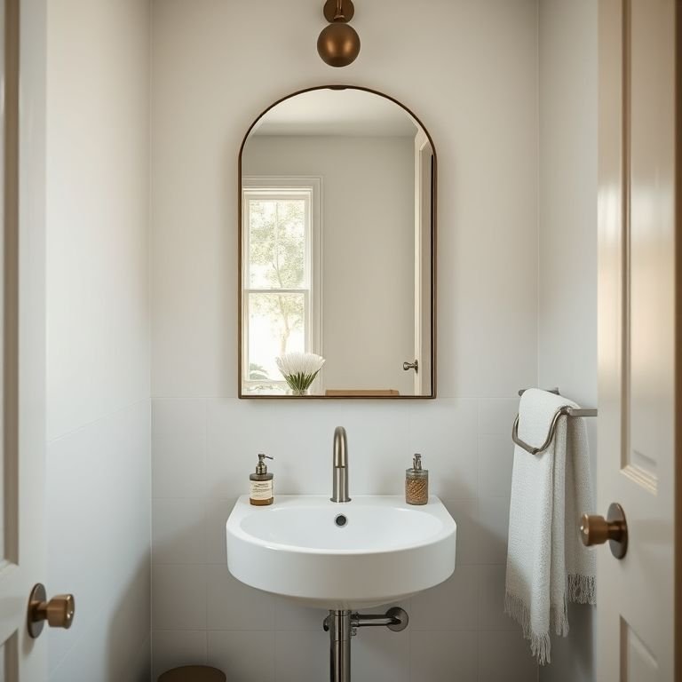 Espelho grande em banheiro pequeno para aumentar a luminosidade.