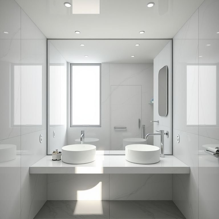 Espelho grande em banheiro pequeno, refletindo a luz e ampliando o espaço.