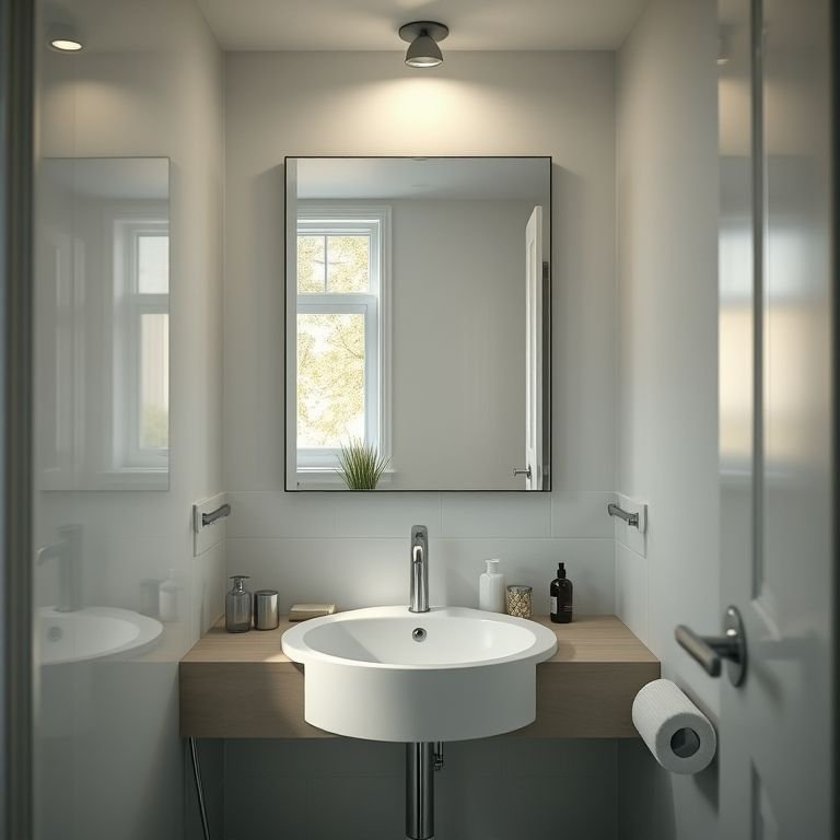 Espelho grande em banheiro pequeno refletindo a luz e ampliando o espaço.