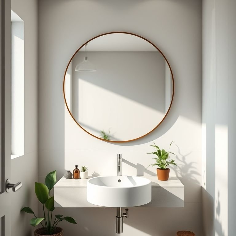 Espelho redondo grande valorizando o espaço do banheiro.
