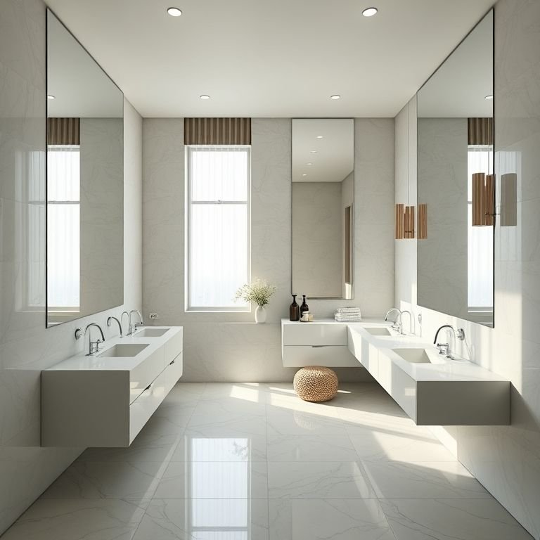 Espelhos ampliando o espaço em banheiro com banheira e chuveiro separados.