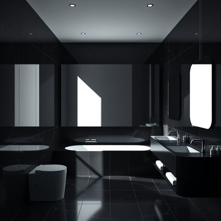 Espelhos ampliando um banheiro preto.