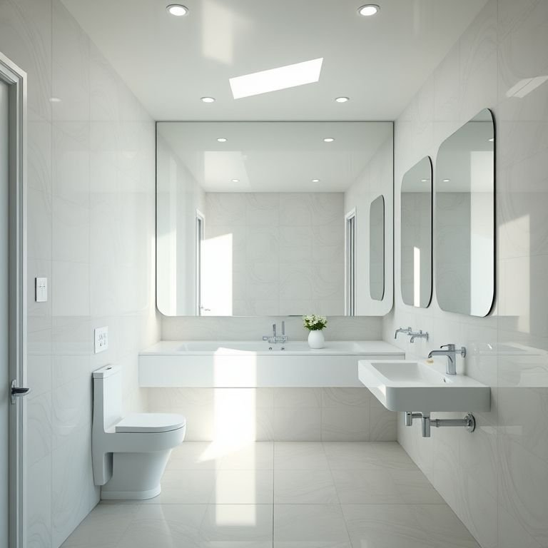 Espelhos que ampliam o espaço em banheiro sob a escada.