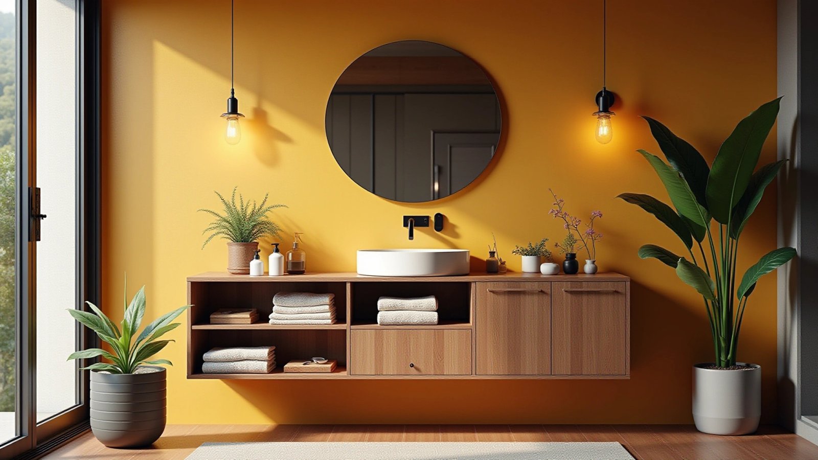 Banheiro com gabinete estiloso, organizado e funcional.