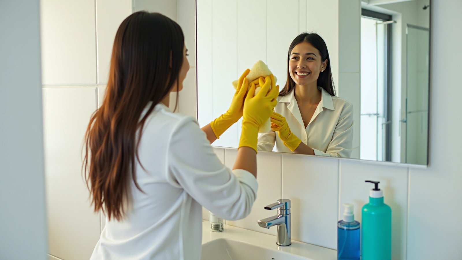 Mulher sorrindo limpando banheiro com produtos variados.