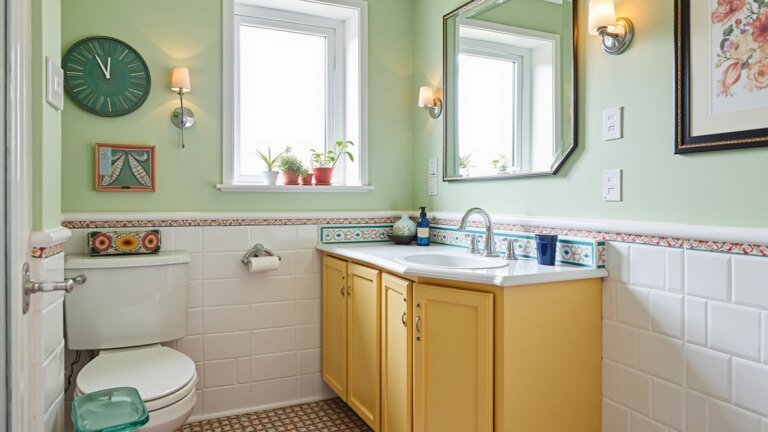 Banheiro antigo renovado com charme e elegância retrô.