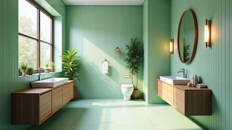 Banheiro verde claro decorado com plantas e detalhes em madeira.