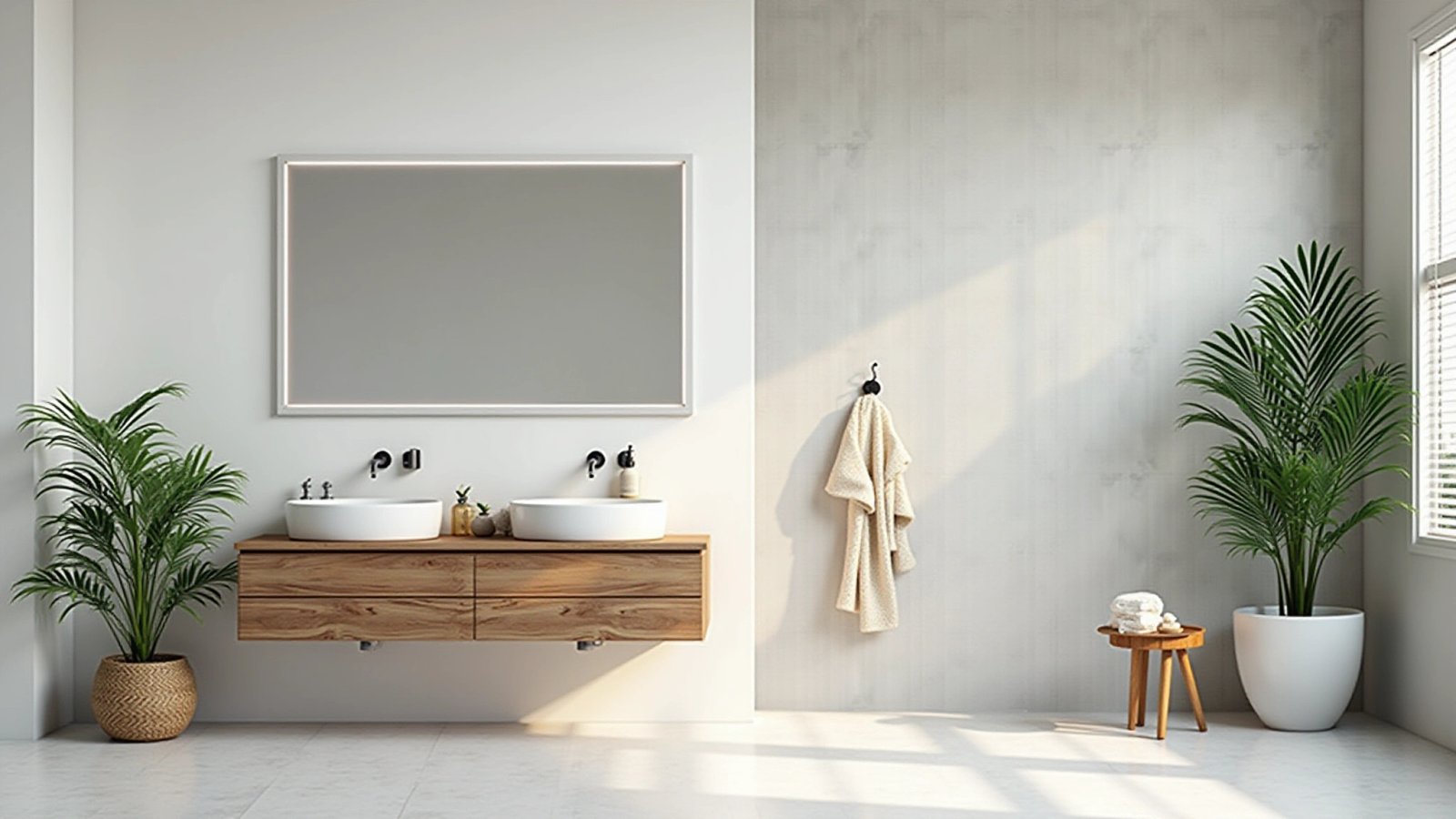 Banheiro branco com detalhes em madeira e plantas.