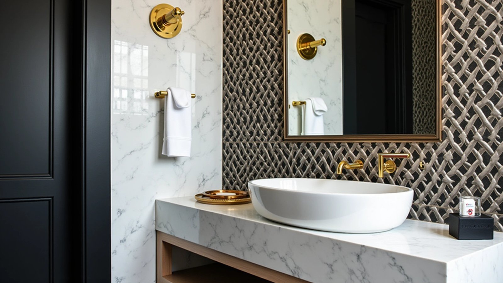 Banheiro moderno preto e branco com detalhes geométricos e iluminação estratégica.