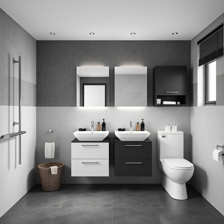 Gabinete de Banheiro Com Rodinhas Versátil Branco/Preto AJ Rorato em um banheiro.