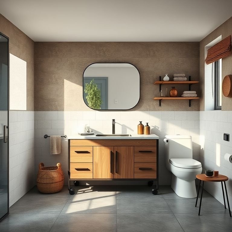 Gabinete de banheiro de 80cm com rodízios, feito de diferentes materiais.