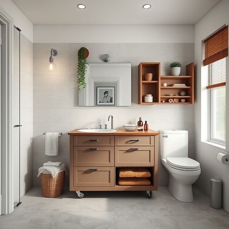 Gabinete de banheiro funcional de 80cm com rodízios e soluções de armazenamento.