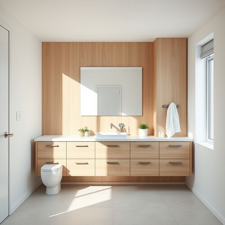 Gabinete de banheiro moderno com madeira clara e bancada branca.