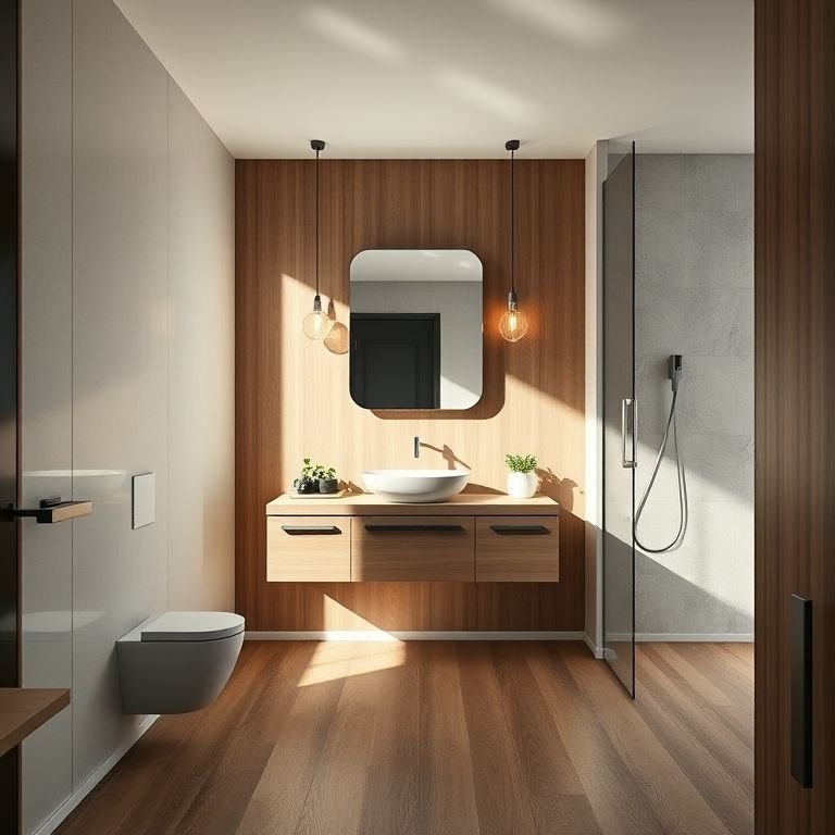 Gabinete suspenso em banheiro moderno, otimizando espaço e com design elegante.