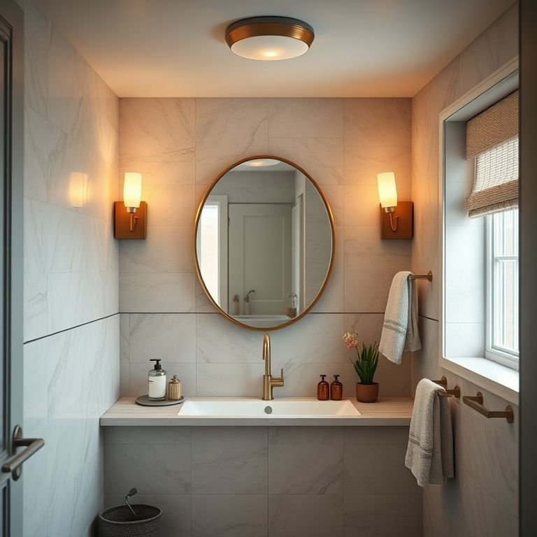 Iluminação aconchegante e funcional em banheiro de área gourmet.