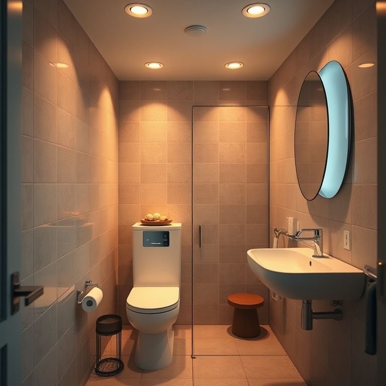 Iluminação aconchegante em banheiro pequeno, criando um ambiente relaxante.