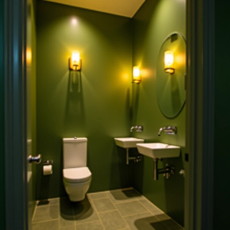 Iluminação aconchegante em banheiro verde e branco.