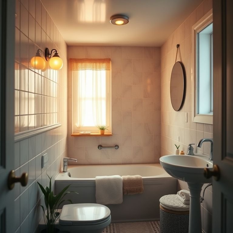 Iluminação aconchegante em um banheiro pequeno, criando uma atmosfera relaxante.